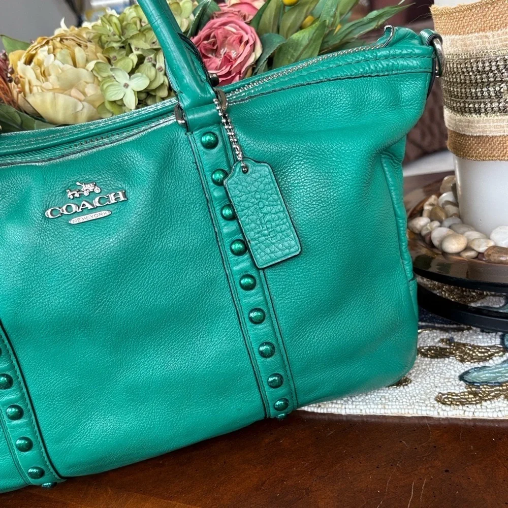 Coach Green Leather Handbag Central Satchel Rivet Leaf Enamel Studded